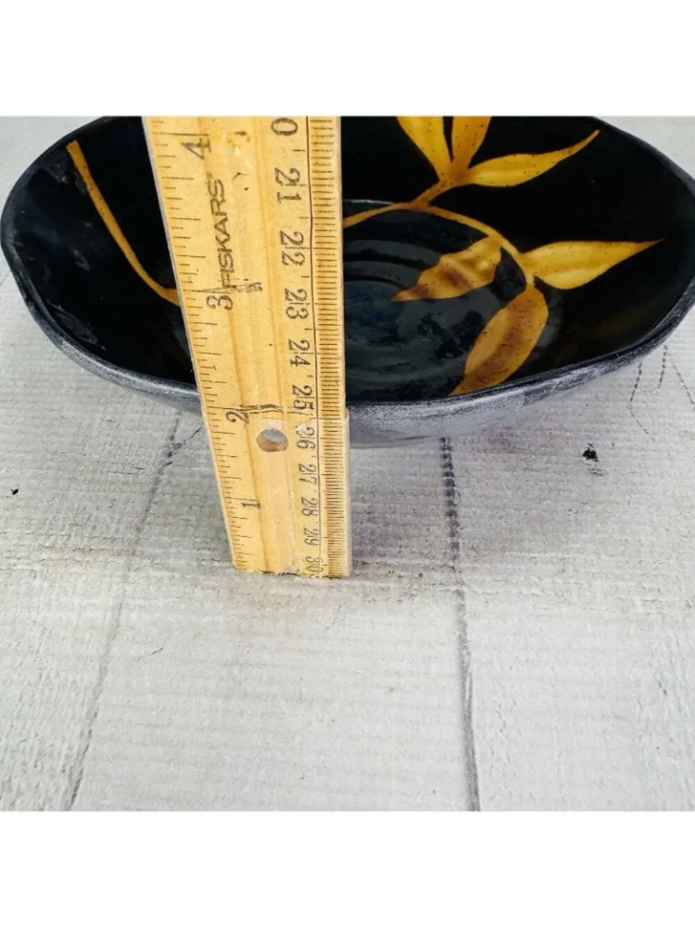 Pier 1 DAKARA Bamboo Leaf Yellow Rust Hand Painted Stoneware Plate & Bowl Set 2